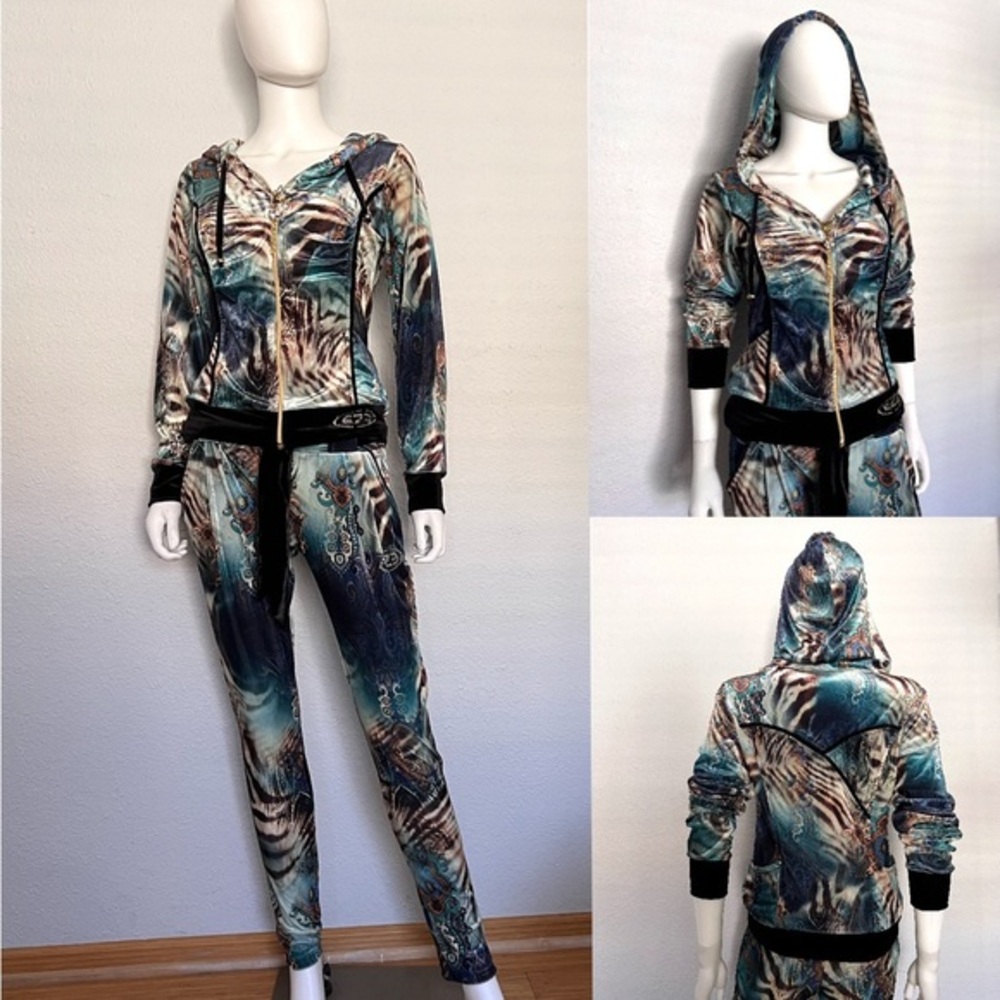 NWT WOMEN VELOUR TRACKSUIT 2PC SET HOODED JACKET/PANTS ANIMAL‎ PRINT LOUNGEWEAR